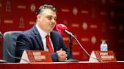 Oct 22, 2025; Los Angeles, CA, USA; Los Angeles Angels general manager Perry Minasian speaks during a press conference at Angel Stadium. Mandatory Credit: William Liang-Imagn Images