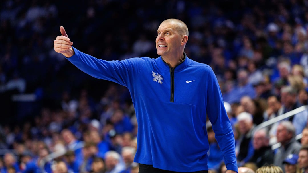 Oct 30, 2025; Lexington, KY, USA; Kentucky Wildcats head coach Mark Pope calls out to his players during the first half against the Georgetown Hoyas at Rupp Arena at Central Bank Center. Mandatory Credit: Jordan Prather-Imagn Images