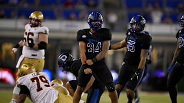 Nov 16, 2024; Dallas, Texas, USA; SMU Mustangs linebacker Ahmad Walker (34) celebrates during the game between the SMU Mustangs and the Boston College Eagles at Gerald J. Ford Stadium. Mandatory Credit: Jerome Miron-Imagn Images
