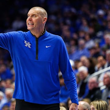 Oct 30, 2025; Lexington, KY, USA; Kentucky Wildcats head coach Mark Pope calls out to his players during the first half against the Georgetown Hoyas at Rupp Arena at Central Bank Center. Mandatory Credit: Jordan Prather-Imagn Images