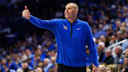 Oct 30, 2025; Lexington, KY, USA; Kentucky Wildcats head coach Mark Pope calls out to his players during the first half against the Georgetown Hoyas at Rupp Arena at Central Bank Center. Mandatory Credit: Jordan Prather-Imagn Images