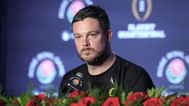 Oregon Ducks head coach Dan Lanning speaks in a press conference after the game against the Ohio State Buckeyes in the 2025 R