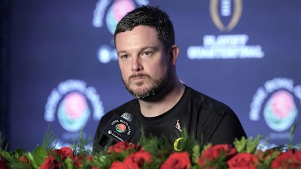 Jan 1, 2025; Pasadena, CA, USA;  Oregon Ducks head coach Dan Lanning speaks in a press conference after the game against the 