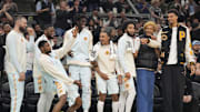 Nov 21, 2024; San Antonio, Texas, USA; San Antonio Spurs react on the bench during the second half against the Utah Jazz at Frost Bank Center. Mandatory Credit: Scott Wachter-Imagn Images