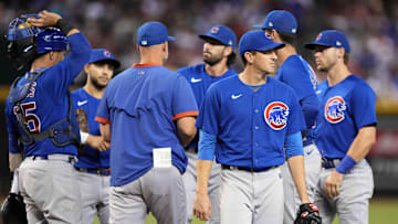 Sep 16, 2023; Phoenix, Arizona, USA; Chicago Cubs starting pitcher Kyle Hendricks (28) leaves the