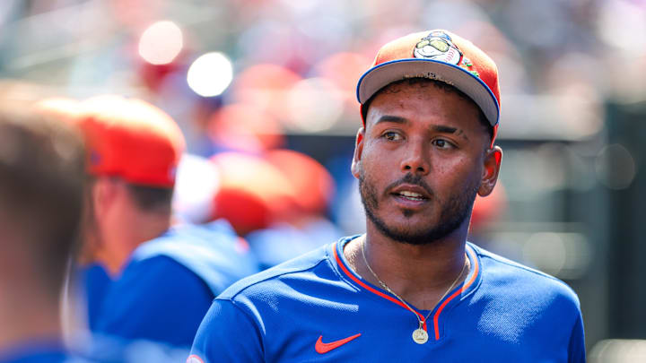 Feb 27, 2026; Jupiter, Florida, USA; New York Mets starting pitcher Freddy Peralta (51) looks on against the St. Louis Cardinals during the first inning at Roger Dean Chevrolet Stadium. Mandatory Credit: Sam Navarro-Imagn Images