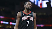 Nov 21, 2025; Houston, Texas, USA; Houston Rockets forward Kevin Durant (7) reacts after a play during the fourth quarter against the Denver Nuggets at Toyota Center. Mandatory Credit: Troy Taormina-Imagn Images