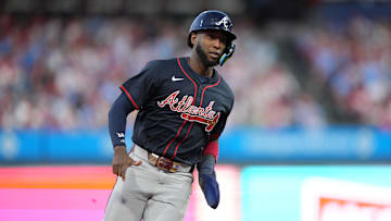 Aug 30, 2025; Philadelphia, Pennsylvania, USA; Atlanta Braves outfielder Jurickson Profar (7) rounds third to advance home and score against the Philadelphia Phillies in the sixth inning at Citizens Bank Park. Mandatory Credit: Kyle Ross-Imagn Images