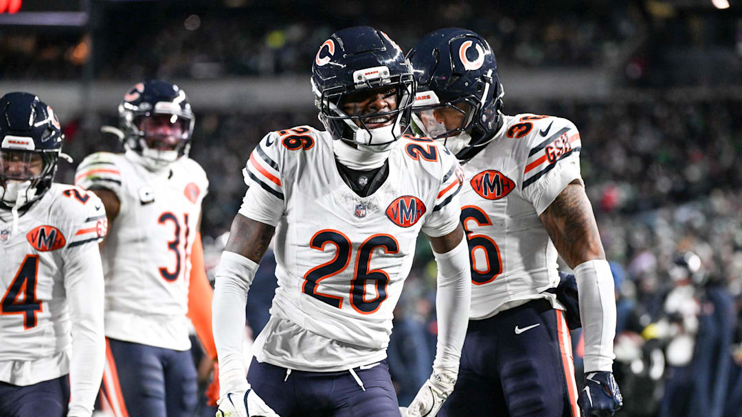 Nov 28, 2025; Philadelphia, Pennsylvania, USA; Chicago Bears cornerback Nahshon Wright (26) celebrates after recovering a fumble against the Philadelphia Eagles during the third quarter of the game at Lincoln Financial Field. Mandatory Credit: Eric Hartline-Imagn Images