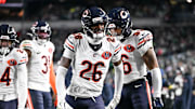 Nov 28, 2025; Philadelphia, Pennsylvania, USA; Chicago Bears cornerback Nahshon Wright (26) celebrates after recovering a fumble against the Philadelphia Eagles during the third quarter of the game at Lincoln Financial Field. Mandatory Credit: Eric Hartline-Imagn Images