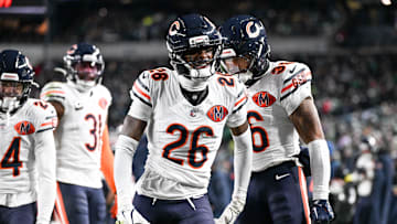 Nov 28, 2025; Philadelphia, Pennsylvania, USA; Chicago Bears cornerback Nahshon Wright (26) celebrates after recovering a fumble against the Philadelphia Eagles during the third quarter of the game at Lincoln Financial Field. Mandatory Credit: Eric Hartline-Imagn Images