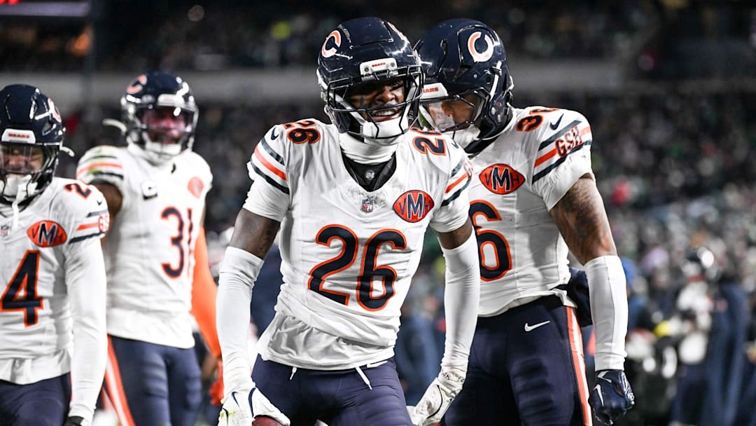 Nov 28, 2025; Philadelphia, Pennsylvania, USA; Chicago Bears cornerback Nahshon Wright (26) celebrates after recovering a fumble against the Philadelphia Eagles during the third quarter of the game at Lincoln Financial Field. Mandatory Credit: Eric Hartline-Imagn Images
