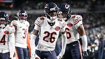 Nov 28, 2025; Philadelphia, Pennsylvania, USA; Chicago Bears cornerback Nahshon Wright (26) celebrates after recovering a fumble against the Philadelphia Eagles during the third quarter of the game at Lincoln Financial Field. Mandatory Credit: Eric Hartline-Imagn Images