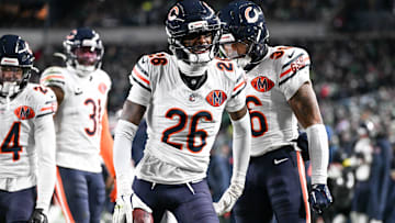 Cornerback Nahshon Wright celebrates after his forced fumble and recovery at Philadelphia on the tush push. Wright is NFC Defensive Player of the Month.