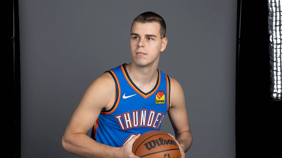 Sep 28, 2026; Oklahoma City, OK, USA; Oklahoma City Thunder guard Nikola Topić (44) poses for a photo during Oklahoma City Thunder Media Day at Paycom Center. Mandatory Credit: Alonzo Adams-Imagn Images