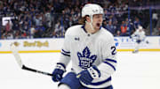 Apr 9, 2025; Tampa, Florida, USA; Toronto Maple Leafs left wing Matthew Knies (23) celebrates after scoring the winning goal against the Tampa Bay Lightning during overtime at Amalie Arena. Mandatory Credit: Kim Klement Neitzel-Imagn Images