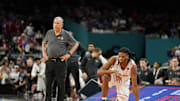 Houston Cougars head coach Kelvin Sampson and forward Joseph Tugler (11) look on against the Florida Gators during the second half of the national championship game of the Final Four of the 2025 NCAA Tournament at the Alamodome. 