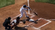 Jul 20, 2024; Toronto, Ontario, CAN; Toronto Blue Jays first base Justin Turner (2) bats against the Detroit Tigers during the fourth inning at Rogers Centre. Mandatory Credit: Kevin Sousa-USA TODAY Sports