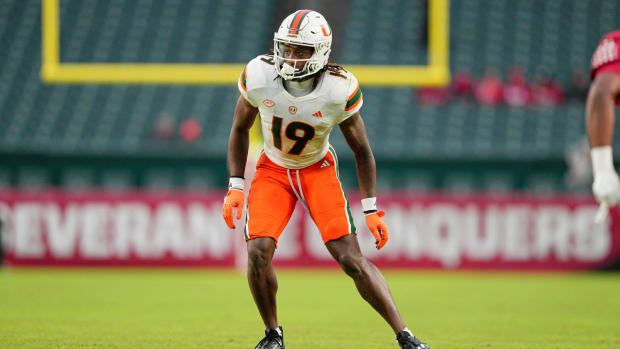 Miami Hurricanes defensive back Jaden Harris (19) looks on in the second half against the Temple Owls at Lincoln Financial