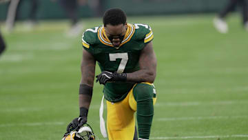 Green Bay Packers linebacker Quay Walker (7) takes a moment before their game against the San Francisco 49ers Sunday, November 24, 2024 at Lambeau Field in Green Bay, Wisconsin.