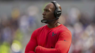 Sep 7, 2025; Inglewood, California, USA; Houston Texans coach DeMeco Ryans reacts during the second quarter at SoFi Stadium. Mandatory Credit: Kirby Lee-Imagn Images
