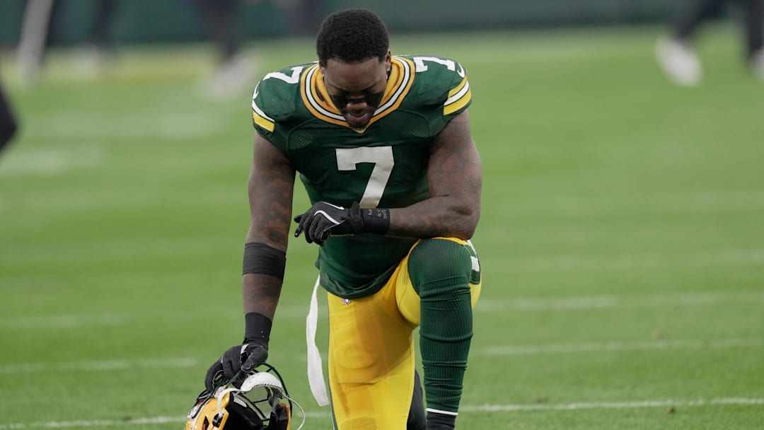 Green Bay Packers linebacker Quay Walker (7) takes a moment before their game against the San Francisco 49ers Sunday, November 24, 2024 at Lambeau Field in Green Bay, Wisconsin.