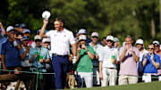 Apr 8, 2025; Augusta, Georgia, USA; Bryson DeChambeau reacts with patrons on the tenth green during a practice round for the Masters Tournament at Augusta National Golf Club. Mandatory Credit: Peter Casey-Imagn Images