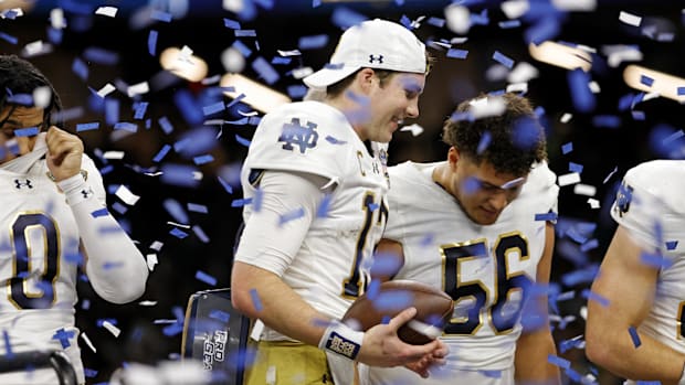 Notre Dame celebrates Sugar Bowl win vs. Georgia in College Football Playoff.