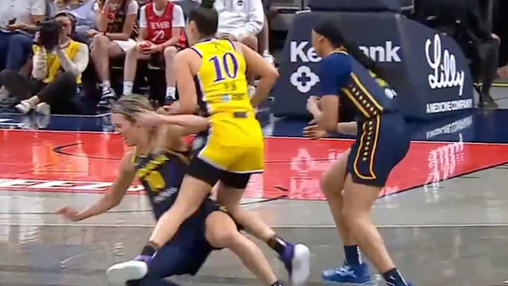 Kelsey Plum wasn't called for a foul on this play vs. the Fever. Kelsey Plum wasn't called for a foul on this play vs. the Fever.