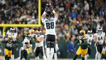 Nov 10, 2025; Green Bay, Wisconsin, USA; Philadelphia Eagles tight end Dallas Goedert (88) attempts to make a catch against the Green Bay Packers in the second half at Lambeau Field. Mandatory Credit: Jeff Hanisch-Imagn Images