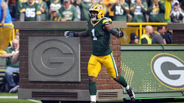 Sep 7, 2025; Green Bay, Wisconsin, USA; Green Bay Packers defensive end Micah Parsons (1) runs onto the field before the game against the Detroit Lions at Lambeau Field. Mandatory Credit: Jeff Hanisch-Imagn Images