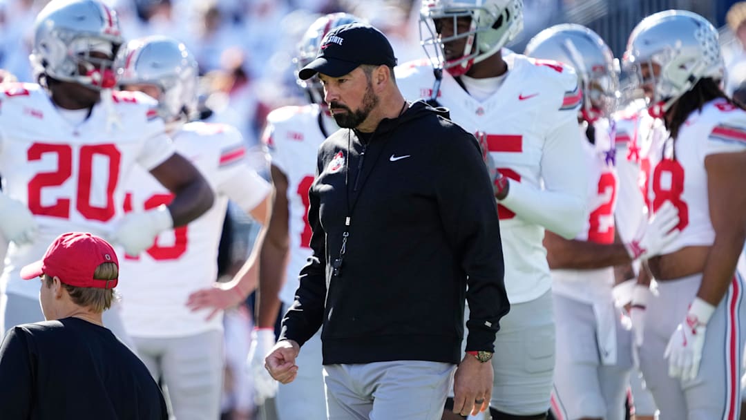 Ohio State Buckeyes head coach Ryan Day leads warm ups prior to the NCAA football game against the Penn State Nittany Lions at Beaver Stadium in University Park, Pa. on Saturday, Nov. 2, 2024. Ohio State Buckeyes head coach Ryan Day leads warm ups prior to the NCAA football game against the Penn State Nittany Lions at Beaver Stadium in University Park, Pa. on Saturday, Nov. 2, 2024.