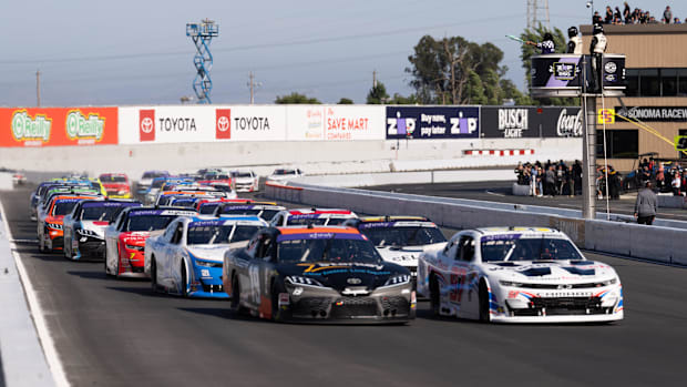 Shane van Gisbergen (97) and Ty Gibbs (19) start the race on the green flag at the Sonoma 250 at Sonoma Raceway.