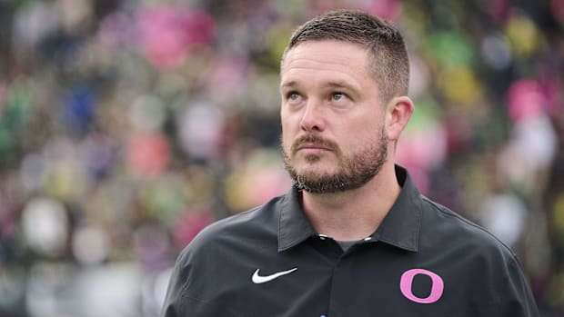 Oregon Ducks head coach Dan Lanning watches the clock during the second half against the UCLA Bruins at Autzen Stadium