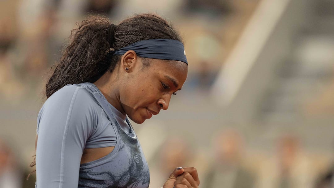 Coco Gauff of the United States reacts to a point during her match  against Madison Keys at Roland Garros Stadium.  