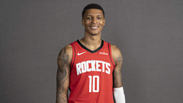 Sep 29, 2025; Houston, TX, USA;  Houston Rockets forward Jabari Smith Jr. (10) poses for a picture during Houston Rockets media day at Toyota Center. Mandatory Credit: Troy Taormina-Imagn Images