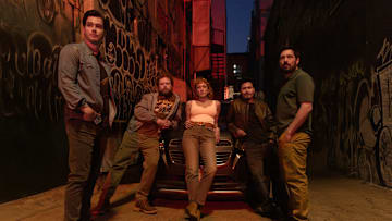Gringo Hunters S1. (L to R) Manuel Masalva as Beto, Andrew Leland as El Archie, Mayra Hermosillo as Gloria, Harold Torres as Nico, Héctor Kotsifakis as Cri in Gringo Hunters S1. Cr. Carla Danieli / Netflix ©2024
