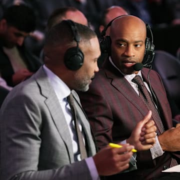 Jan 18, 2024; Toronto, Ontario, CAN; Former NBA player and TNT Network color commentator Vince Carter gets ready for the broadcast before a game between the Chicago Bulls and the Toronto Raptors at Scotiabank Arena. Mandatory Credit: Nick Turchiaro-Imagn Images