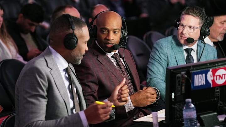 Jan 18, 2024; Toronto, Ontario, CAN; Former NBA player and TNT Network color commentator Vince Carter gets ready for the broadcast before a game between the Chicago Bulls and the Toronto Raptors at Scotiabank Arena. Mandatory Credit: Nick Turchiaro-Imagn Images