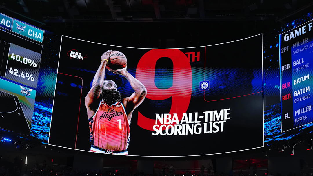 Jan 12, 2026; Inglewood, California, USA; An Intuit Dome video board graphic after LA Clippers guard James Harden (1) moved into ninth on the NBA all-time scoring list in the second half against the Charlotte Hornets. Mandatory Credit: Kirby Lee-Imagn Images