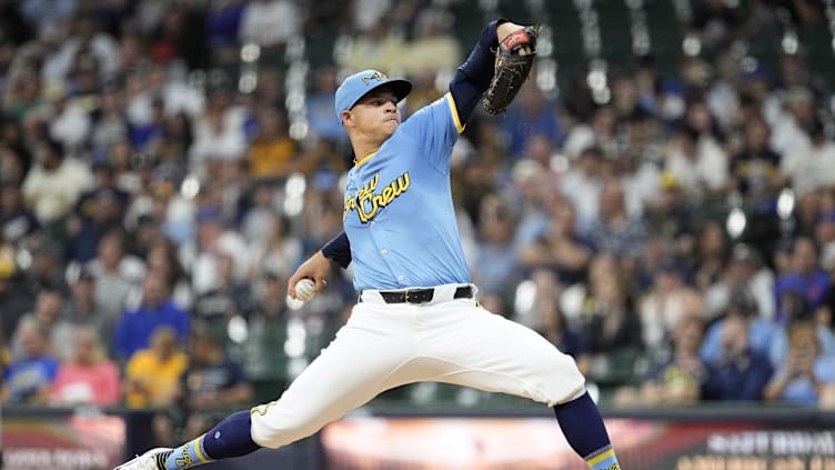 May 31, 2024; Milwaukee, Wisconsin, USA;  Milwaukee Brewers pitcher Tobias Myers (36) throws a ptich during the second inning against the Chicago White Sox at American Family Field. Mandatory Credit: Jeff Hanisch-USA TODAY Sports