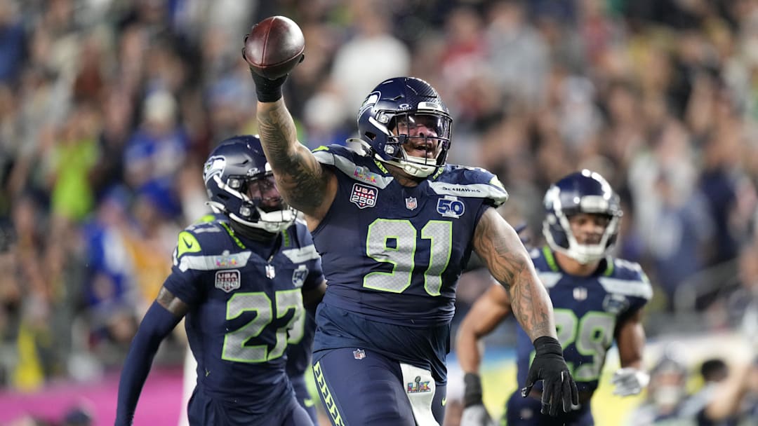 Feb 8, 2026; Santa Clara, CA, USA; Seattle Seahawks defensive tackle Byron Murphy II (91) celebrates after recovering a fumble against the New England Patriots during the third quarter in Super Bowl LX at Levi's Stadium. Mandatory Credit: Kyle Terada-Imagn Images