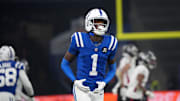 Nov 9, 2025; Berlin, Germany; Indianapolis Colts cornerback Sauce Gardner (1) reacts against the Atlanta Falcons during the NFL Berlin Game at Olympic Stadium. Mandatory Credit: Kirby Lee-Imagn Images