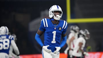 Nov 9, 2025; Berlin, Germany; Indianapolis Colts cornerback Sauce Gardner (1) reacts against the Atlanta Falcons during the NFL Berlin Game at Olympic Stadium. Mandatory Credit: Kirby Lee-Imagn Images