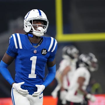 Nov 9, 2025; Berlin, Germany; Indianapolis Colts cornerback Sauce Gardner (1) reacts against the Atlanta Falcons during the NFL Berlin Game at Olympic Stadium. Mandatory Credit: Kirby Lee-Imagn Images