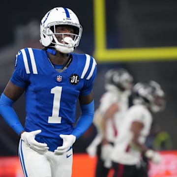 Nov 9, 2025; Berlin, Germany; Indianapolis Colts cornerback Sauce Gardner (1) reacts against the Atlanta Falcons during the NFL Berlin Game at Olympic Stadium. 
