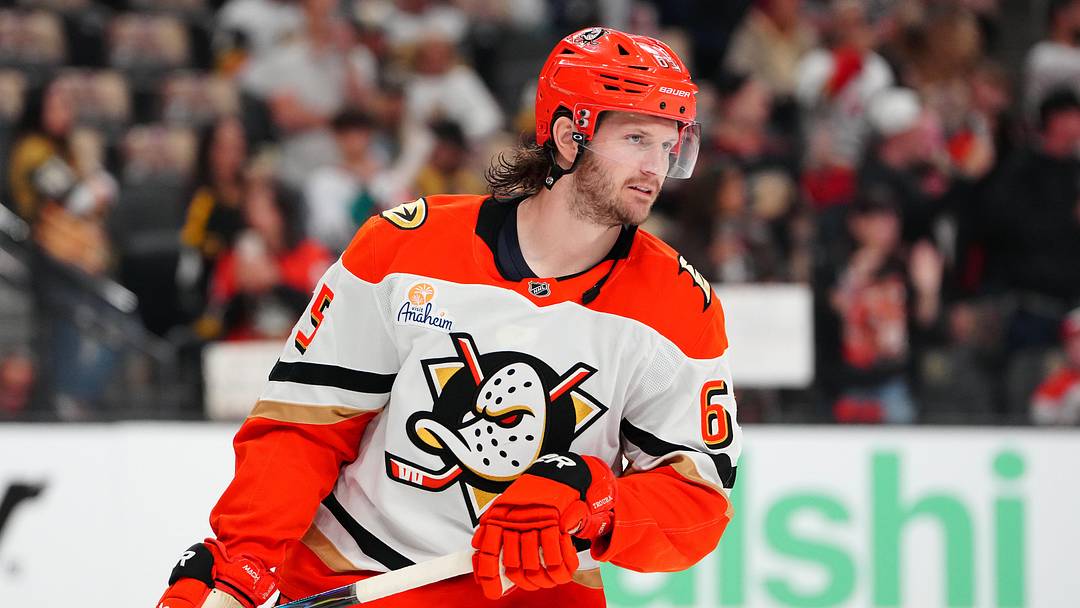 May 6, 2026; Las Vegas, Nevada, USA; Anaheim Ducks defenseman Jacob Trouba (65) warms up before the start of game two against the Vegas Golden Knights in the second round of the 2026 Stanley Cup Playoffs at T-Mobile Arena. Mandatory Credit: Stephen R. Sylvanie-Imagn Images