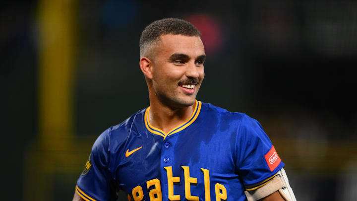 Sep 11, 2025; Seattle, Washington, USA; Seattle Mariners catcher Harry Ford (5) celebrates after the Mariners defeated the Los Angeles Angels at T-Mobile Park. Mandatory Credit: Steven Bisig-Imagn Images