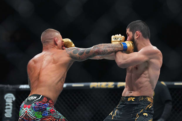 Islam Makhachev fights Dustin Poirier during UFC 302 at Prudential Center. 