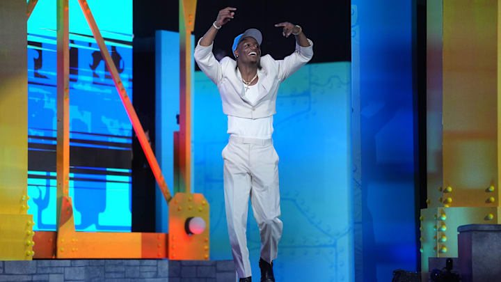 Apr 23, 2026; Pittsburgh, PA, USA; Ohio State Buckeyes receiver Carnell Tate is selected by the Tennessee Titans as the number four pick during the 2026 NFL Draft at Acrisure Stadium. Mandatory Credit: Kirby Lee-Imagn Images